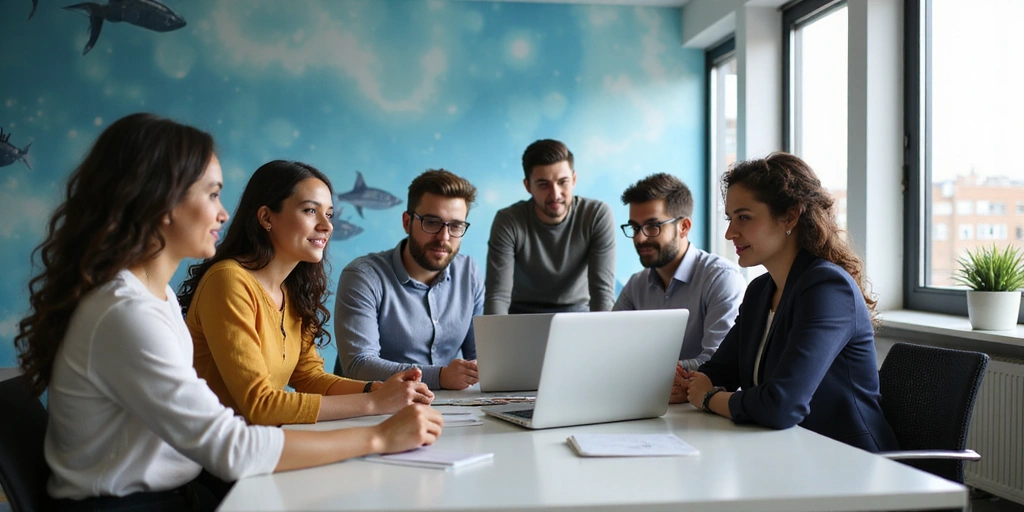 Diverse group of people collaborating in a modern office environment, with subtle aquatic-themed decor, no text.