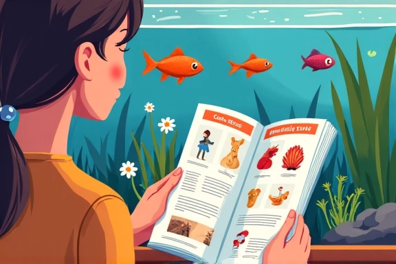 Illustration of a person reading a detailed care guide next to a healthy, vibrant aquarium, symbolizing education.