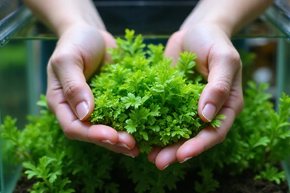 Stylized image of hands gently caring for aquatic plants, symbolizing sustainable practices and careful husbandry.