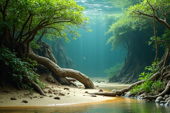 Brackish aquarium with mangrove roots and mudskippers