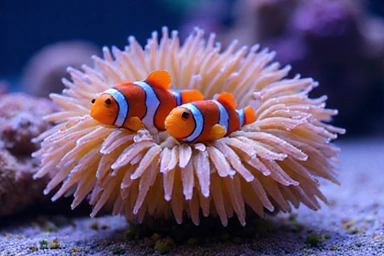 A pair of clownfish nestled in an anemone in a marine aquarium