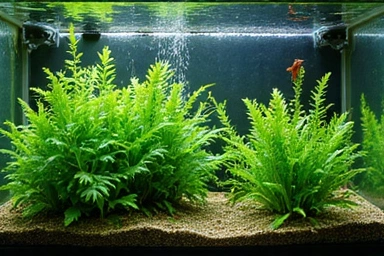 Aquatic plants thriving in a well-lit freshwater aquarium