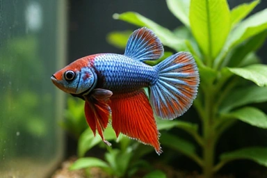 Close-up of a vibrant Betta fish swimming gracefully in a planted aquarium