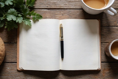 Open notebook with a pen and a cup of coffee on a wooden desk