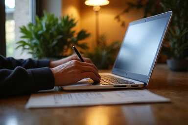 Person writing on a laptop in a cozy setting with plants