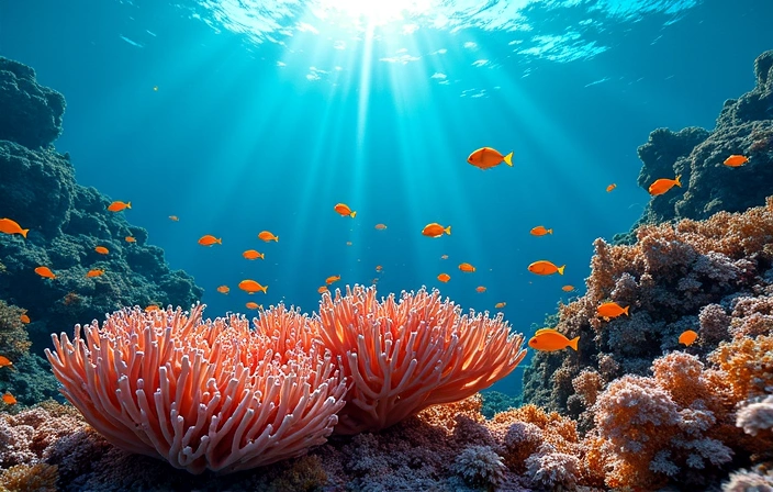 Vibrant coral reef teeming with colorful fish, representing a thriving aquatic environment