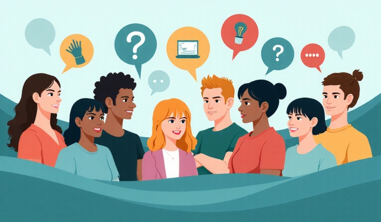Stylized representation of a diverse online community with user avatars and speech bubbles, no text