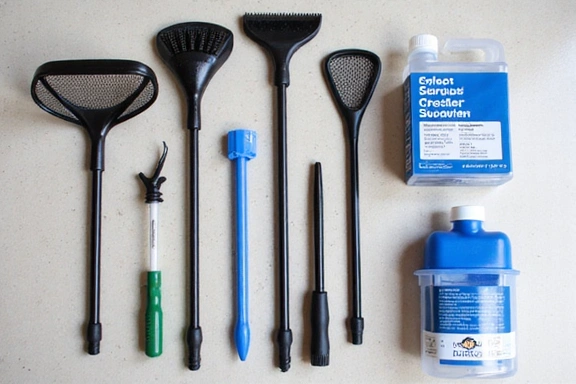 A variety of aquarium tools and maintenance supplies