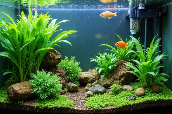 A beautifully set up aquarium with various equipment visible