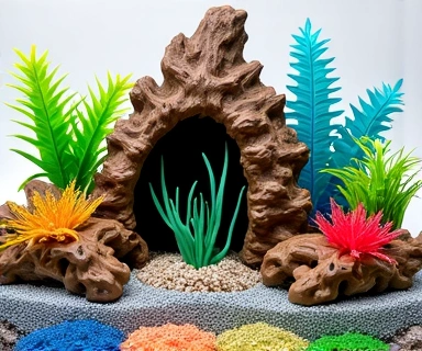 Selection of colorful aquarium decorations and substrates