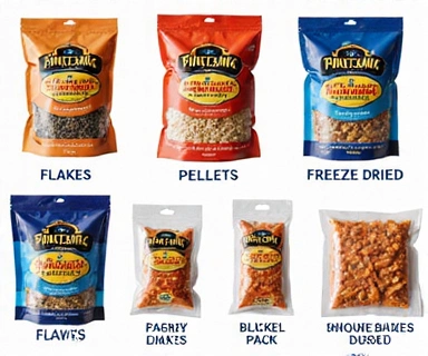 Variety of fish food, including flakes, pellets, and frozen