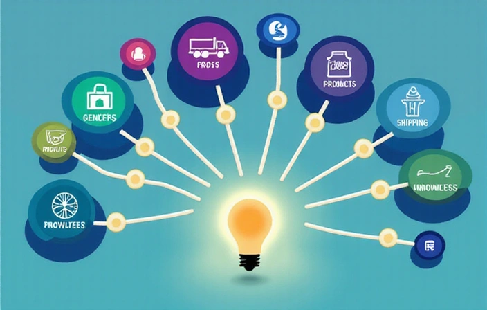 Abstract illustration of different categories represented by interconnected bubbles, leading to a central knowledge hub