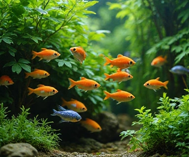 Colorful school of tropical freshwater fish
