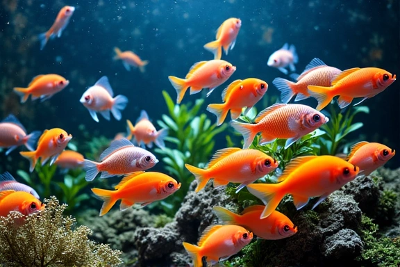 Colorful school of tropical freshwater fish