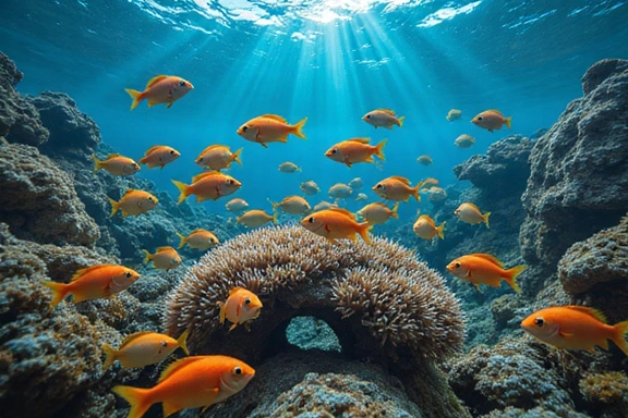 Colorful school of tropical freshwater fish