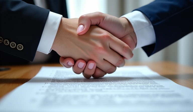 Hands shaking over a legal document, symbolizing agreement and partnership